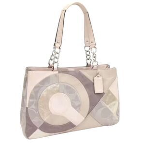 Vintage Coach Inlaid Patchwork Hobo Shoulder Bag Beige Silver Gray